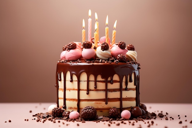 無料写真 キャンドルの灯った美しいチョコレートの誕生日ケーキの写真