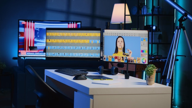 Free photo photo processing software interface on computer screens in creative agency studio