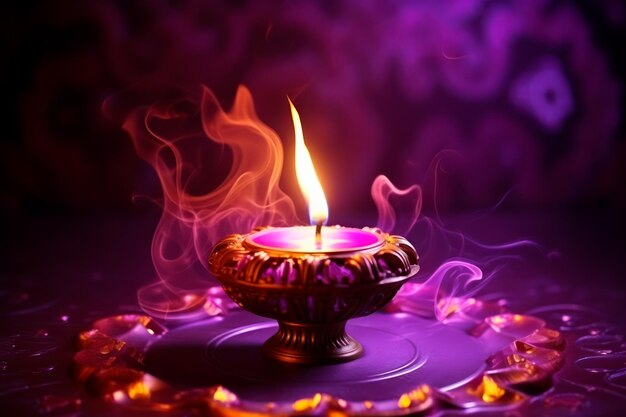 Photo of realistic Indian candle with smoke on purple background