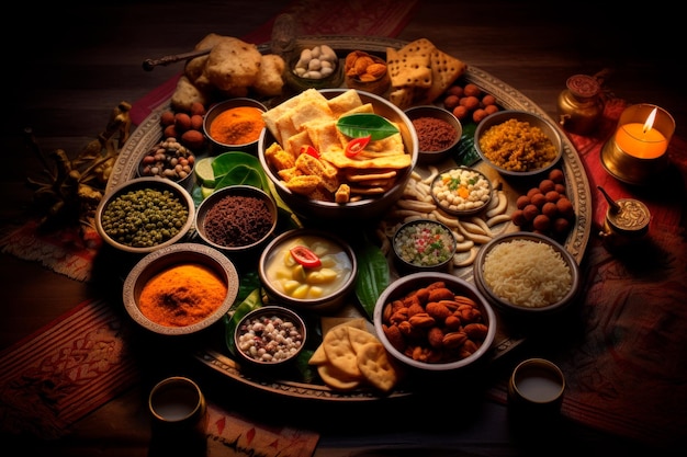 Photo of table with traditional Indian food to celebrate Diwali