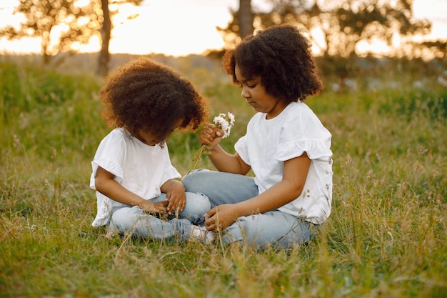 公園の芝生に座っている2人のアフリカ系アメリカ人の女の子の写真。女の子は黒い巻き毛をしています