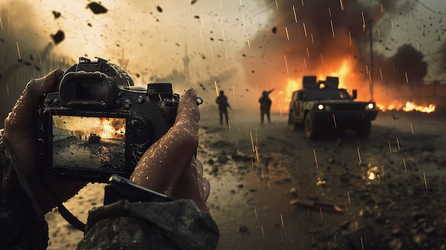 Free photo photographer capturing photos for world photography day in war zone and conflict area