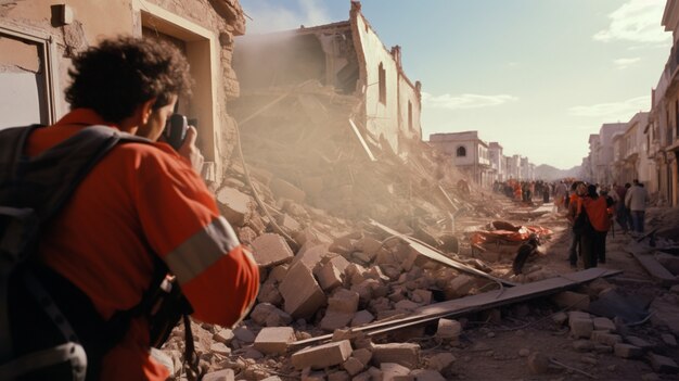 Фотограф фотографирует людей после землетрясения