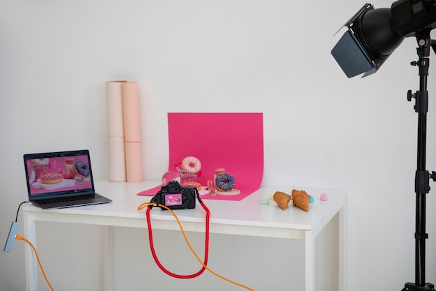 Photography studio with equipment and items arrangement