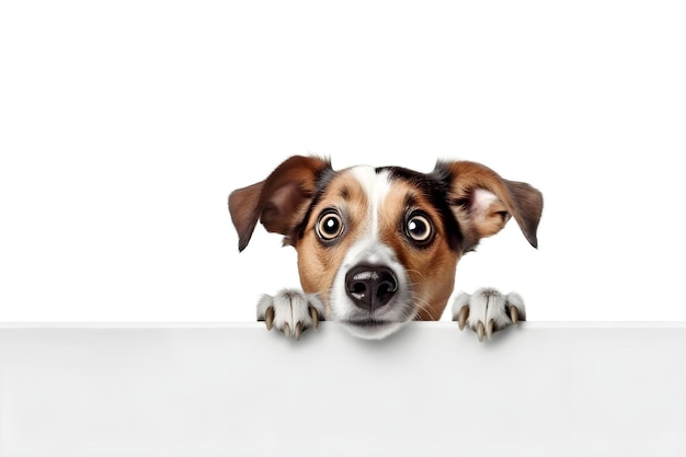 photography of surprised dog looking from behind white long frame banner