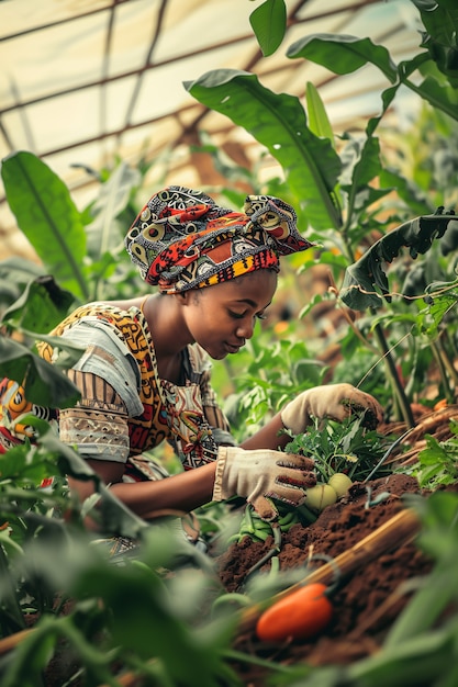 Foto gratuita persone africane fotorealistiche che raccolgono varie verdure e cereali