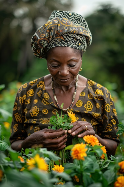 Photorealistic african people harvesting diverse vegetables and grains