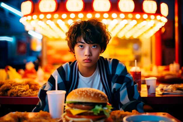 ハンバーガーを食べているフォトリアリズムなアジア人男性