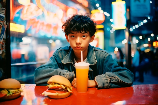 Photorealistic asian man with a burger meal