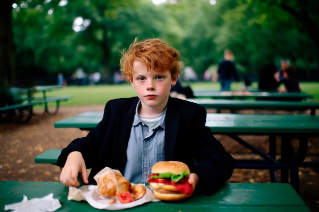 햄버거 식사를 하는 사진 현실적 인 소년