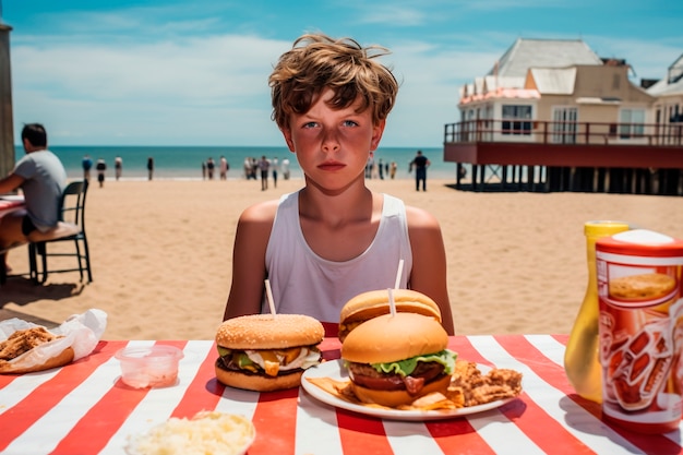 ハンバーガーを食べている現実的な少年