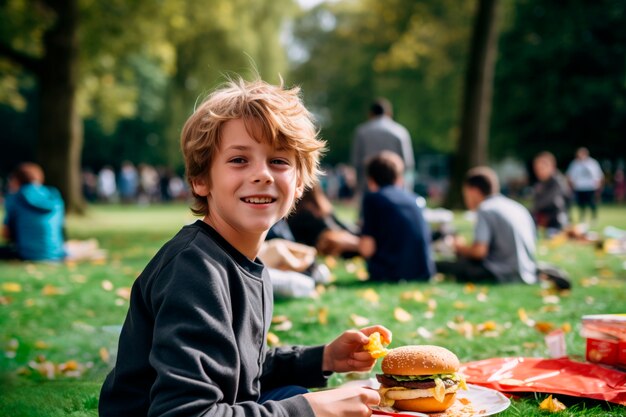 ハンバーガーを食べている現実的な少年