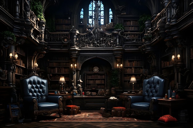 photorealistic cinematic abandoned creepy dark library