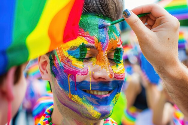 Photorealistic colorful rainbow colors with men celebrating pride together