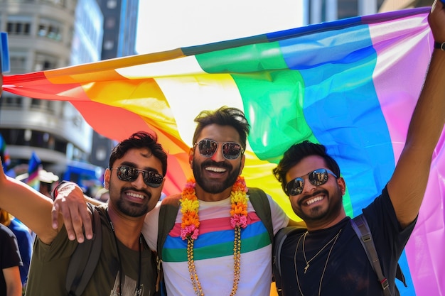 Photorealistic colorful rainbow colors with men celebrating pride together