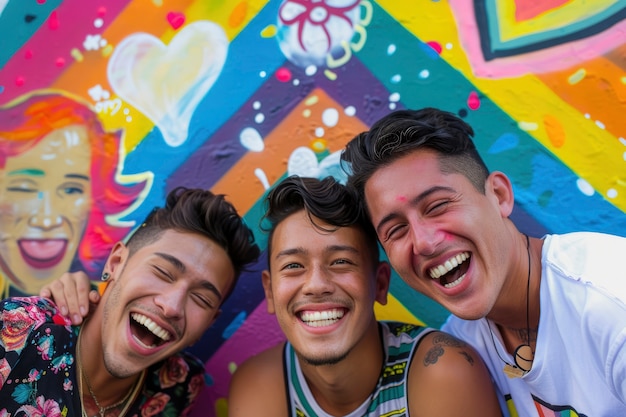 무료 사진 남자들이 함께 자부심을 축하하는 사진 현실적인 다채로운 무지개 색상
