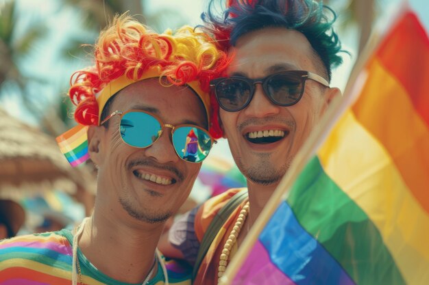 Photorealistic colorful rainbow colors with men celebrating pride together