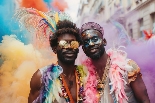 Foto gratuita fotorealistici colori colorati dell'arcobaleno con uomini che celebrano insieme l'orgoglio