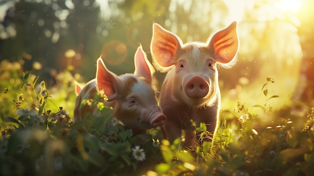 Scena fotorealista della vita in fattoria con i maiali