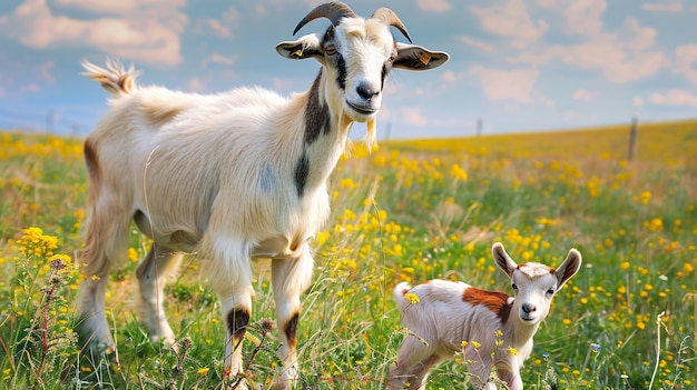 Photorealistic flock of goats in nature