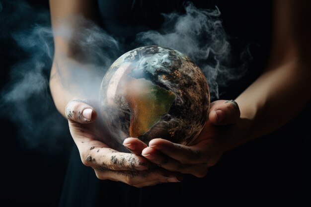 Photorealistic hands holding planet earth