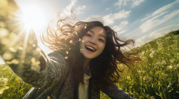 幸せな女性とのフォトリアリズムな幸せのシーン