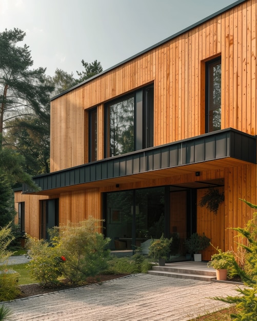 Фотореалистичный дом с деревянной архитектурой и древесной конструкцией