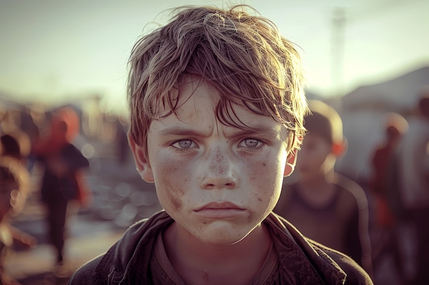 Бесплатное фото Фотореалистичный ребенок в лагере беженцев