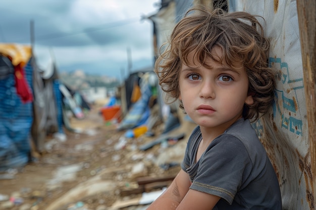 Foto gratuita ragazzo fotorealistico nel campo profughi