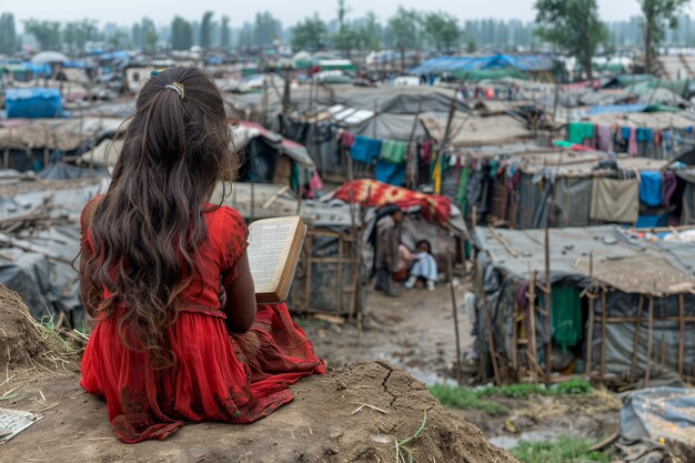 Photorealistic kid in refugee camp