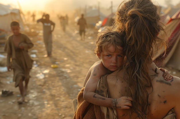 Foto gratuita ragazzo fotorealistico nel campo profughi