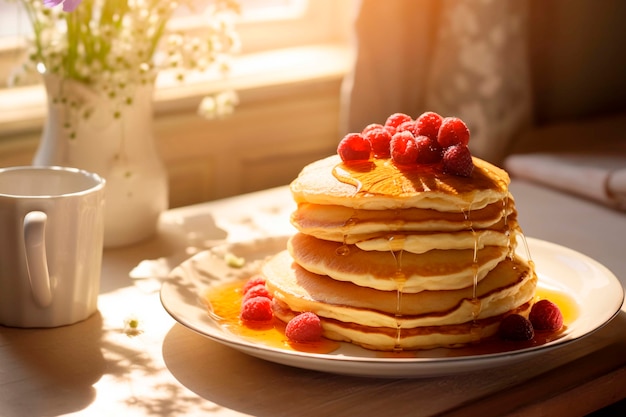 Foto gratuita pancake fotorealistici con lamponi