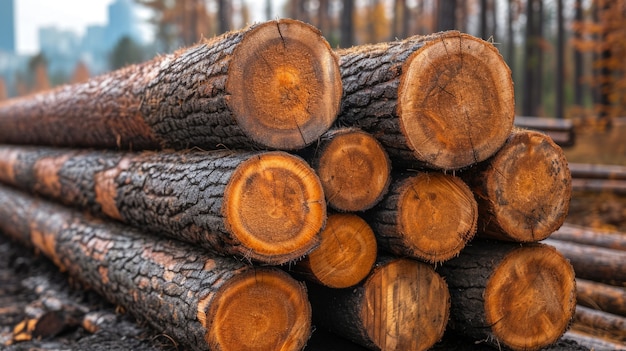 Photorealistic perspective of wood logs in the timber industry