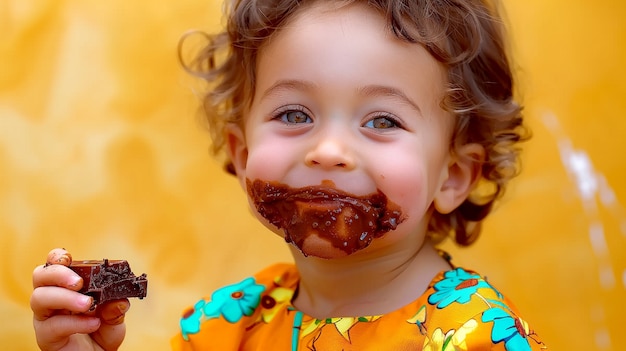 Free photo photorealistic portrait of child eating tasty and sweet chocolate