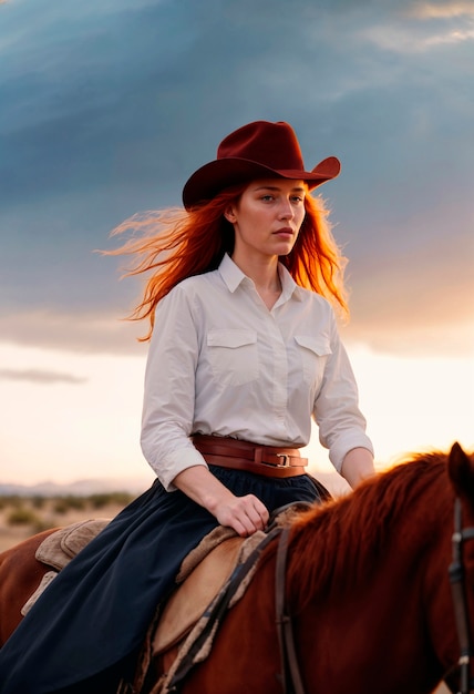 Foto gratuita ritratto fotorealistico di una cowboy al tramonto