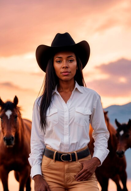 Photorealistic portrait of female cowboy at sunset