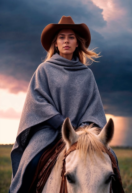 Photorealistic portrait of female cowboy at sunset