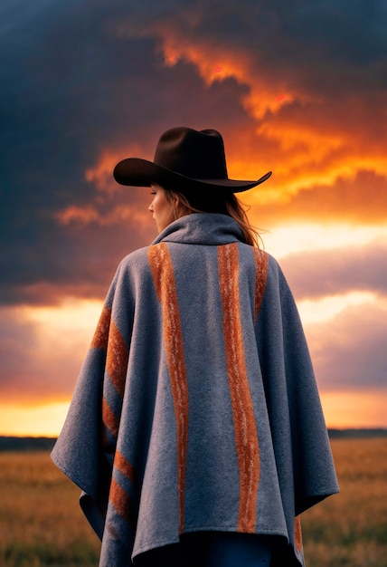 Foto gratuita ritratto fotorealistico di una cowboy al tramonto