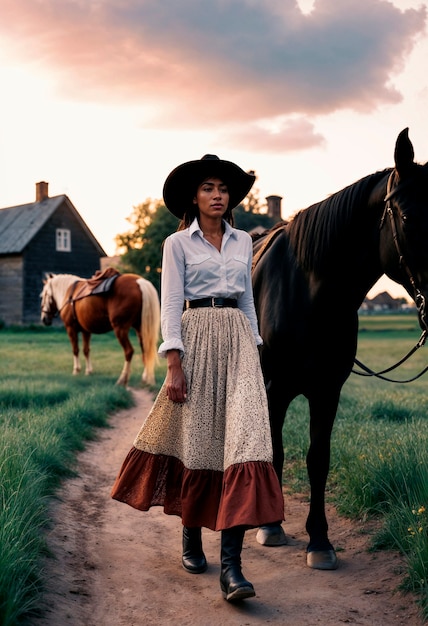 Photorealistic portrait of female cowboy at sunset