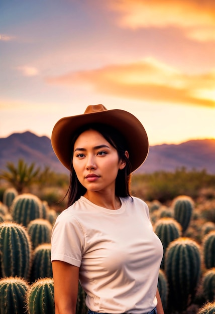 無料写真 photorealistic portrait of female cowboy at sunset