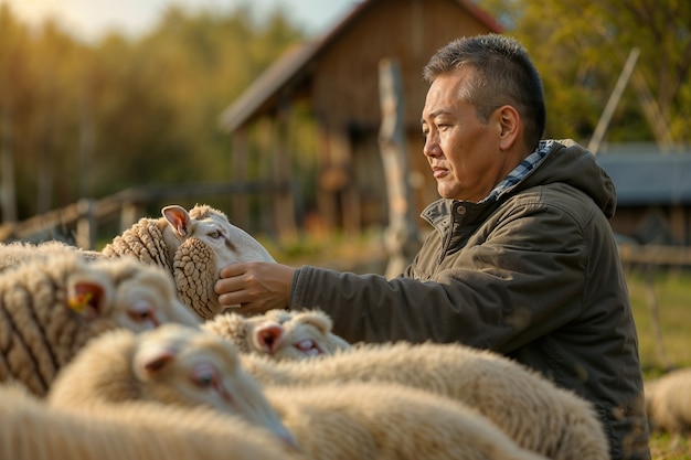 Бесплатное фото photorealistic portrait of people taking care of sheep at the farm