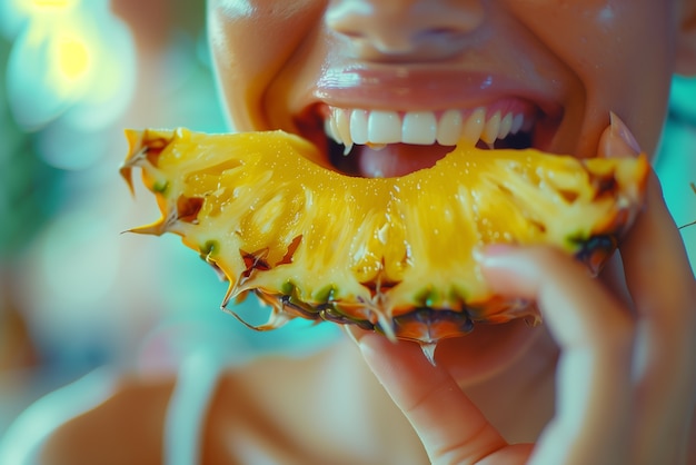 Бесплатное фото Фотореалистичный портрет человека с экзотическими ананасовыми фруктами