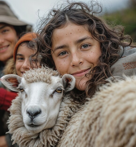 Free photo photorealistic portrait of people taking care of sheep at the farm