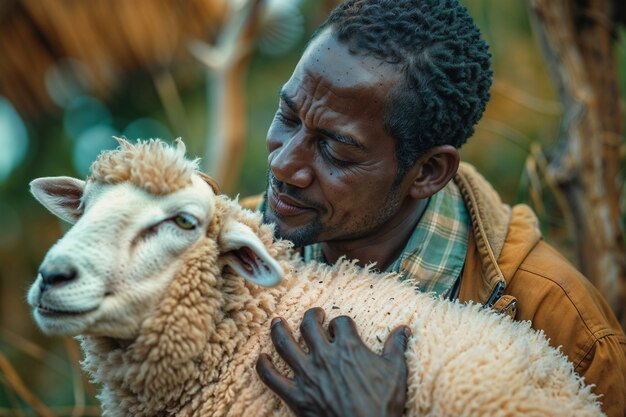 Photorealistic portrait of people taking care of sheep at the farm