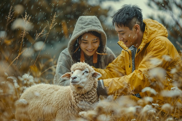 Free photo photorealistic portrait of people taking care of sheep at the farm