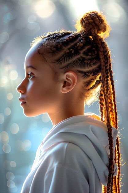 Photorealistic portrait of young person with braids