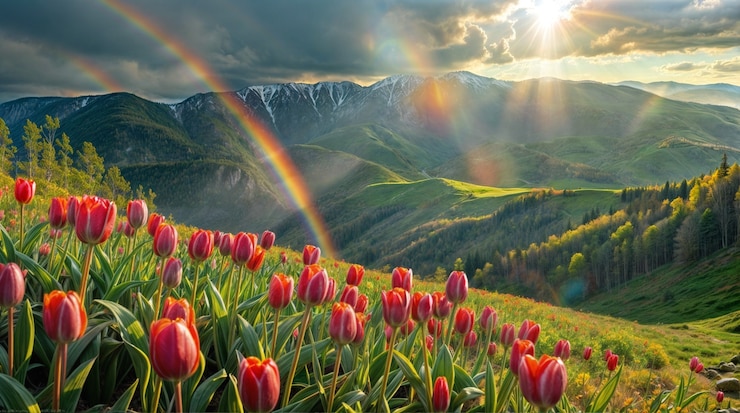 Free Photo photorealistic rainbow with countryside nature landscape