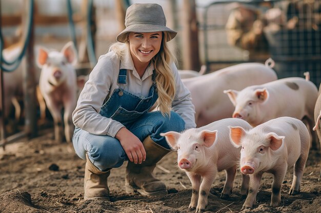 Photorealistic scene of a pig farm with animals