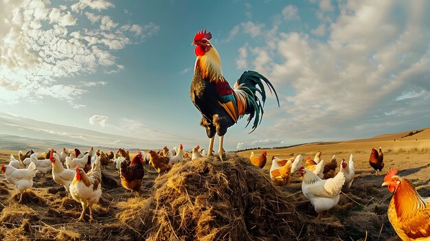 Photorealistic scene of a poultry farm with chickens