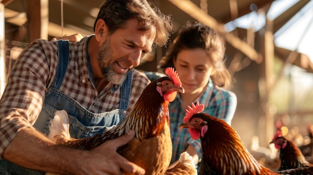 Free photo photorealistic scene of poultry farm with people and chickens